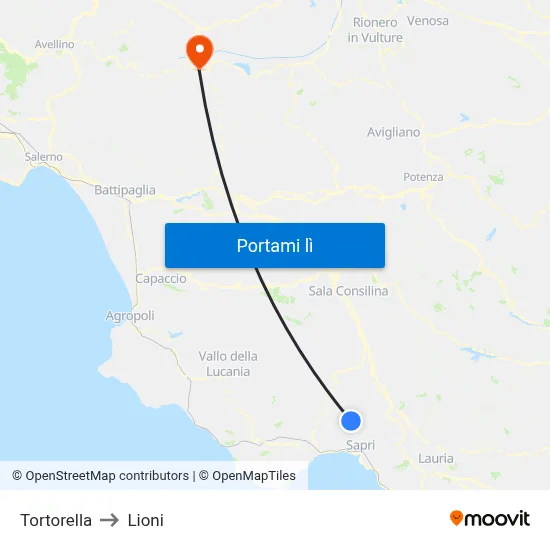 Tortorella to Lioni map
