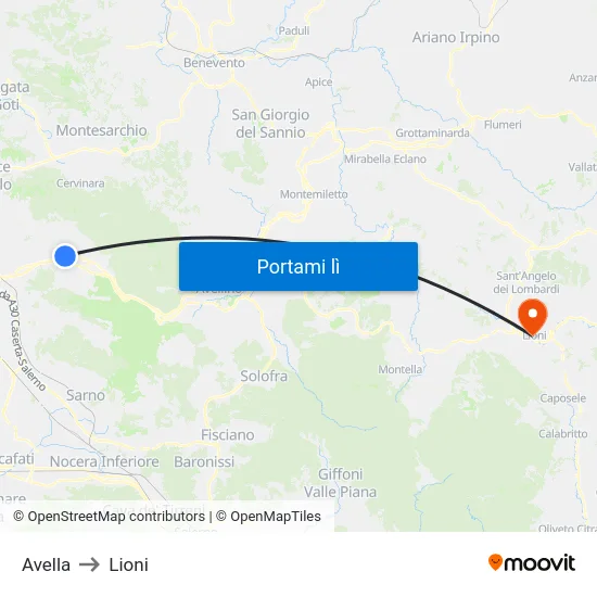 Avella to Lioni map