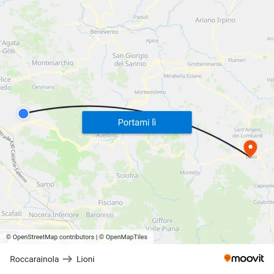 Roccarainola to Lioni map