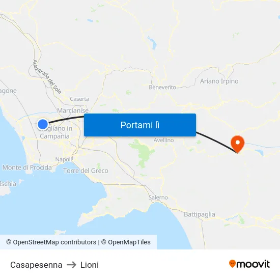 Casapesenna to Lioni map