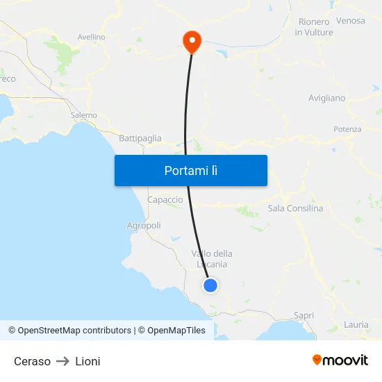 Ceraso to Lioni map