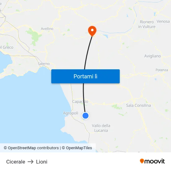 Cicerale to Lioni map