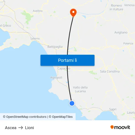 Ascea to Lioni map