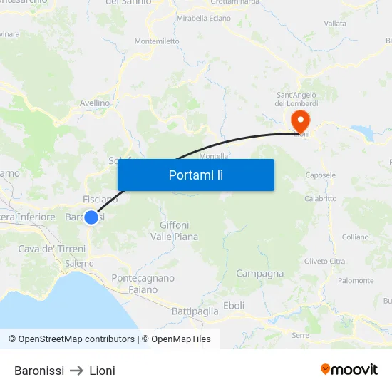 Baronissi to Lioni map