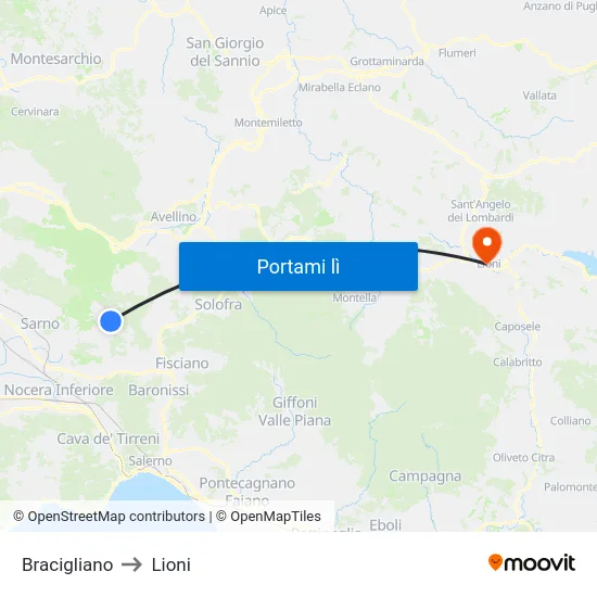 Bracigliano to Lioni map