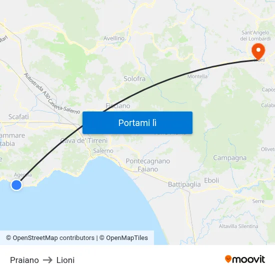 Praiano to Lioni map