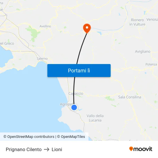 Prignano Cilento to Lioni map