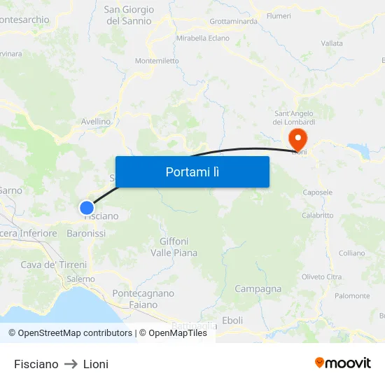 Fisciano to Lioni map