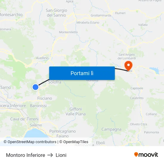 Montoro Inferiore to Lioni map