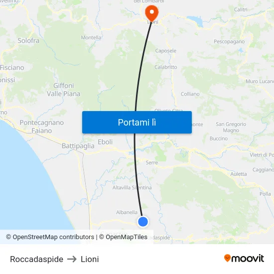 Roccadaspide to Lioni map