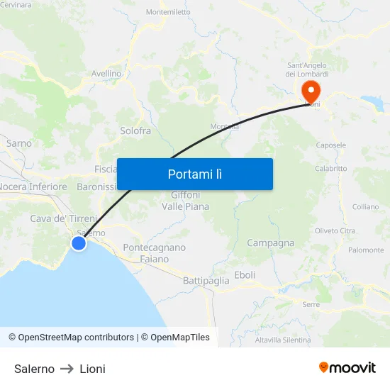 Salerno to Lioni map
