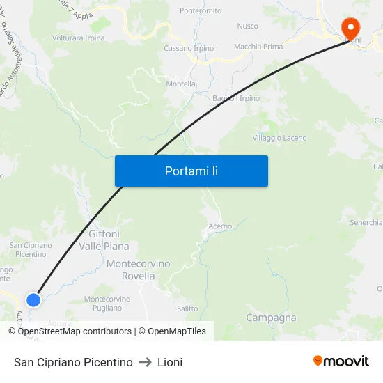 San Cipriano Picentino to Lioni map