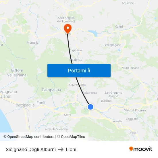 Sicignano Degli Alburni to Lioni map