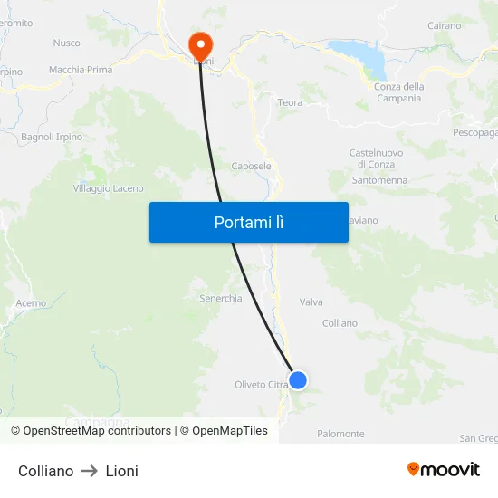 Colliano to Lioni map