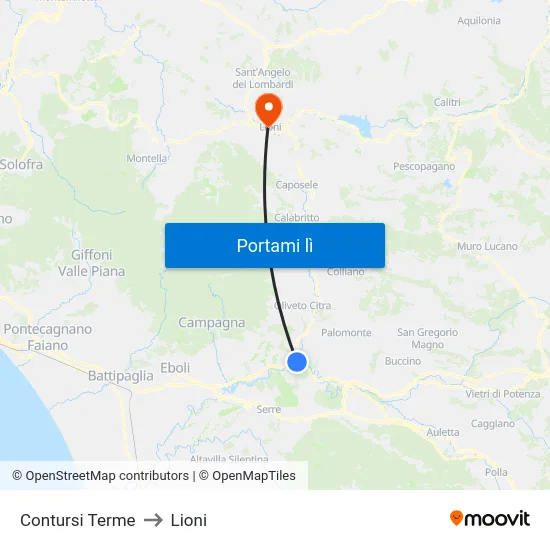 Contursi Terme to Lioni map