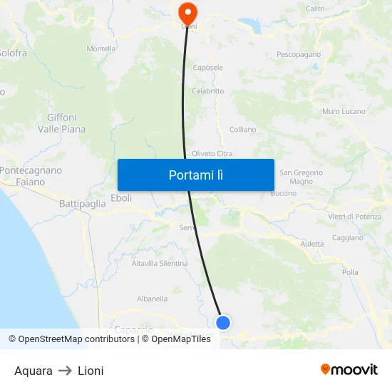 Aquara to Lioni map