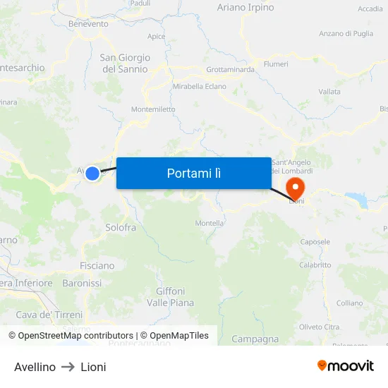 Avellino to Lioni map