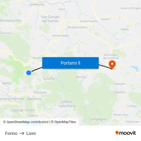 Forino to Lioni map