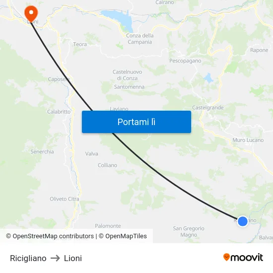 Ricigliano to Lioni map