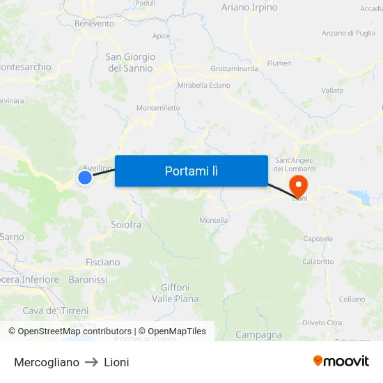 Mercogliano to Lioni map