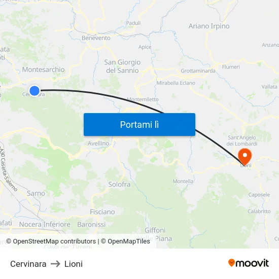 Cervinara to Lioni map