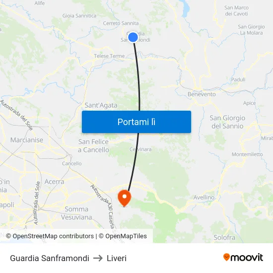 Guardia Sanframondi to Liveri map