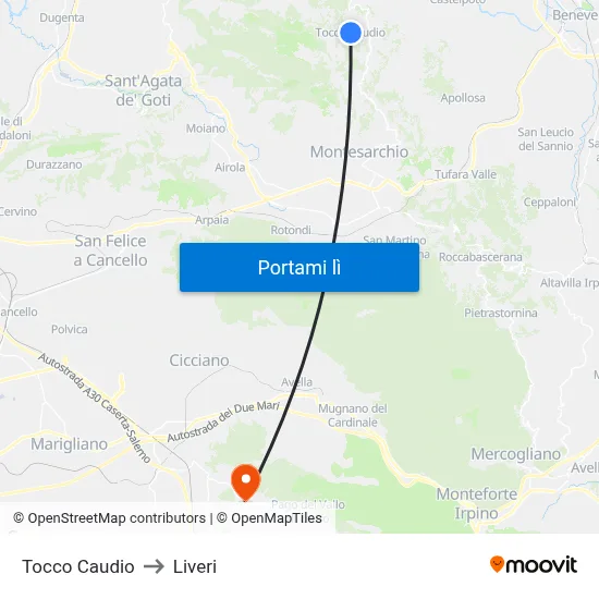 Tocco Caudio to Liveri map