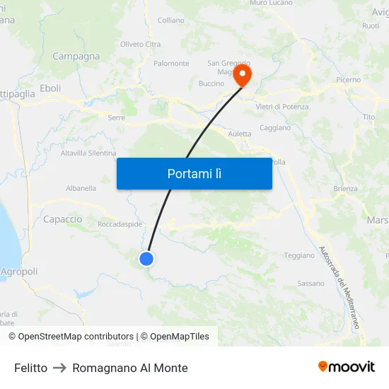 Felitto to Romagnano Al Monte map