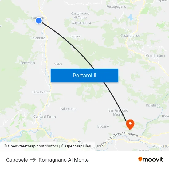 Caposele to Romagnano Al Monte map