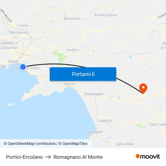 Portici-Ercolano to Romagnano Al Monte map