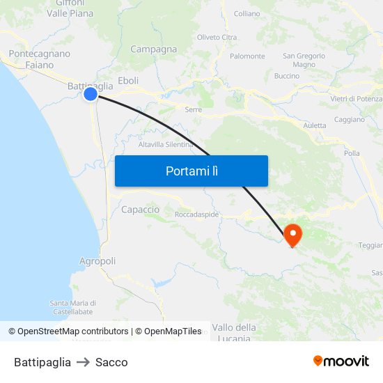 Battipaglia to Sacco map