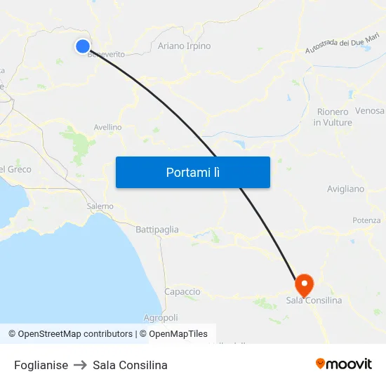 Foglianise to Sala Consilina map