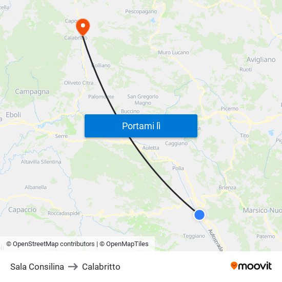 Sala Consilina to Calabritto map
