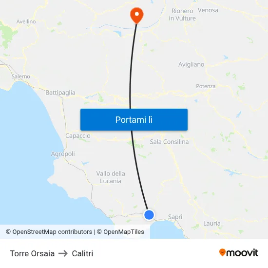 Torre Orsaia to Calitri map