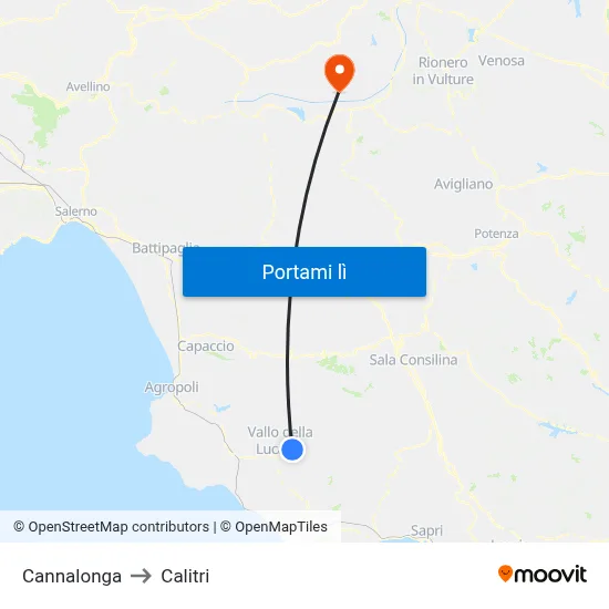 Cannalonga to Calitri map