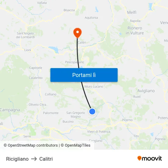 Ricigliano to Calitri map