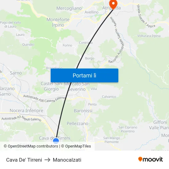 Cava De' Tirreni to Manocalzati map