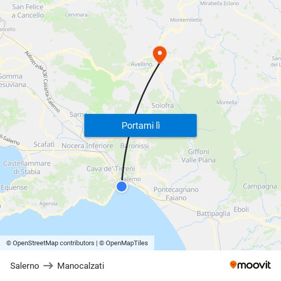 Salerno to Manocalzati map