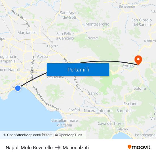 Napoli Molo Beverello to Manocalzati map