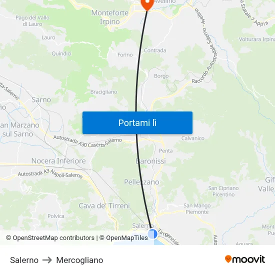 Salerno to Mercogliano map