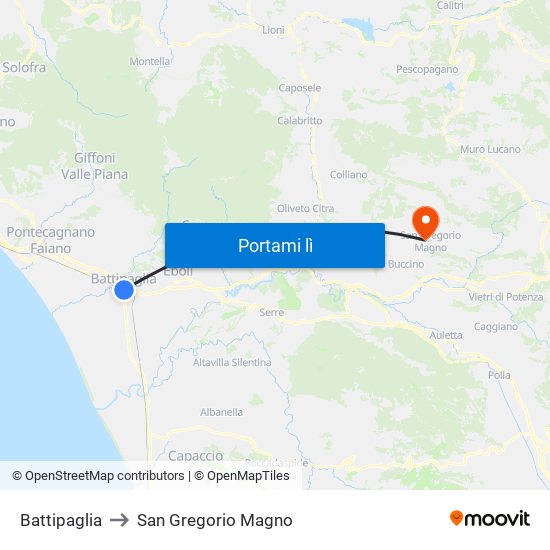 Battipaglia to San Gregorio Magno map