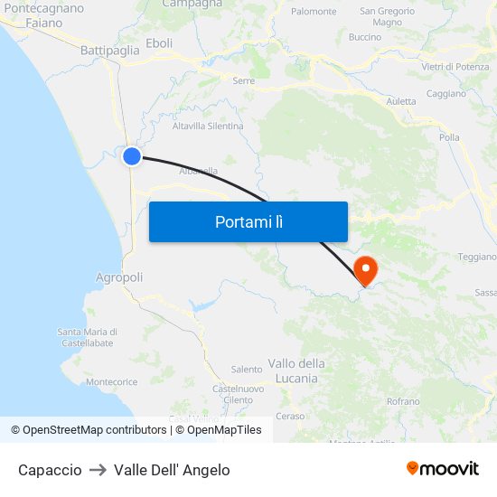 Capaccio to Valle Dell' Angelo map