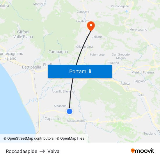 Roccadaspide to Valva map