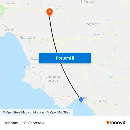 Vibonati to Caposele map