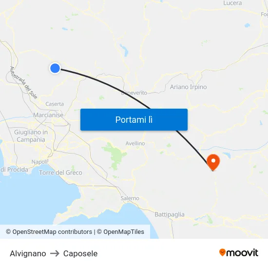 Alvignano to Caposele map