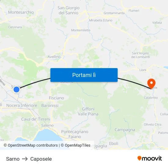 Sarno to Caposele map
