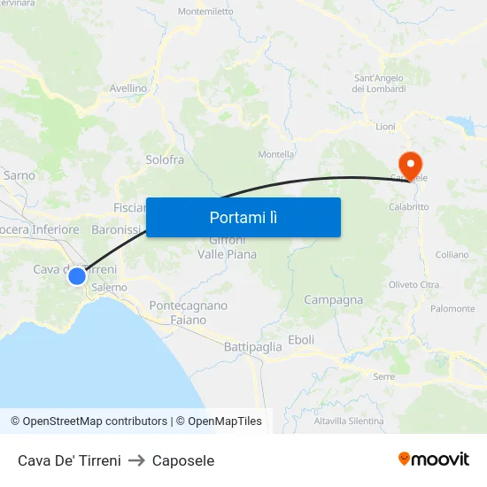 Cava De' Tirreni to Caposele map