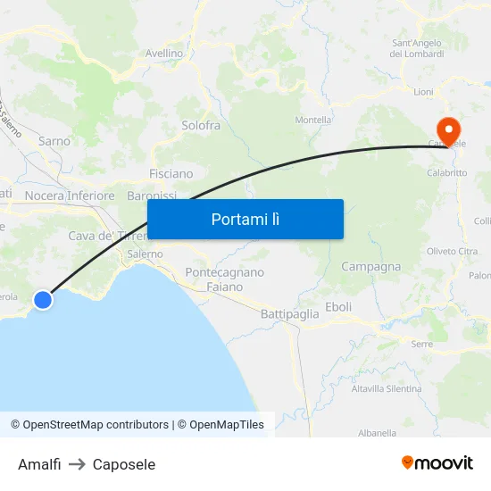 Amalfi to Caposele map