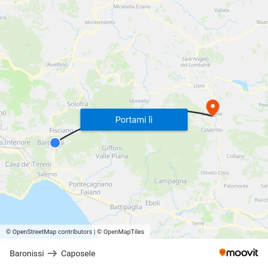 Baronissi to Caposele map