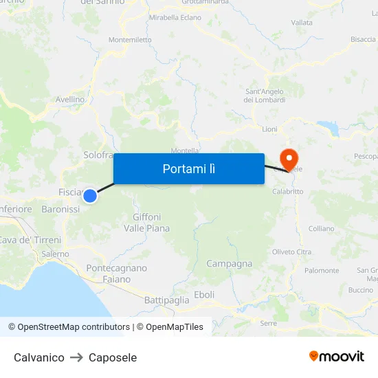 Calvanico to Caposele map